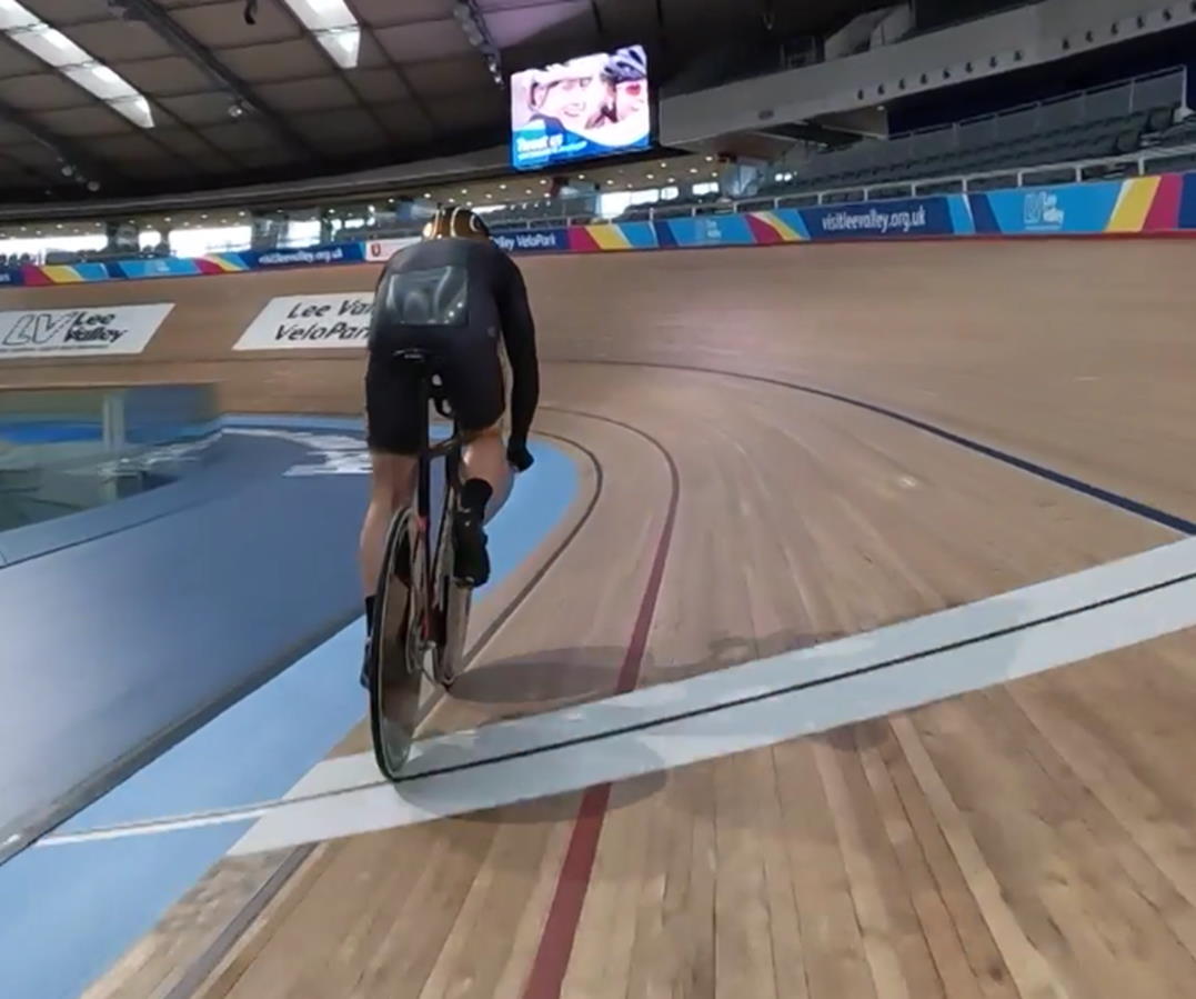 A rider on the banking at Lee Valley Velodrome